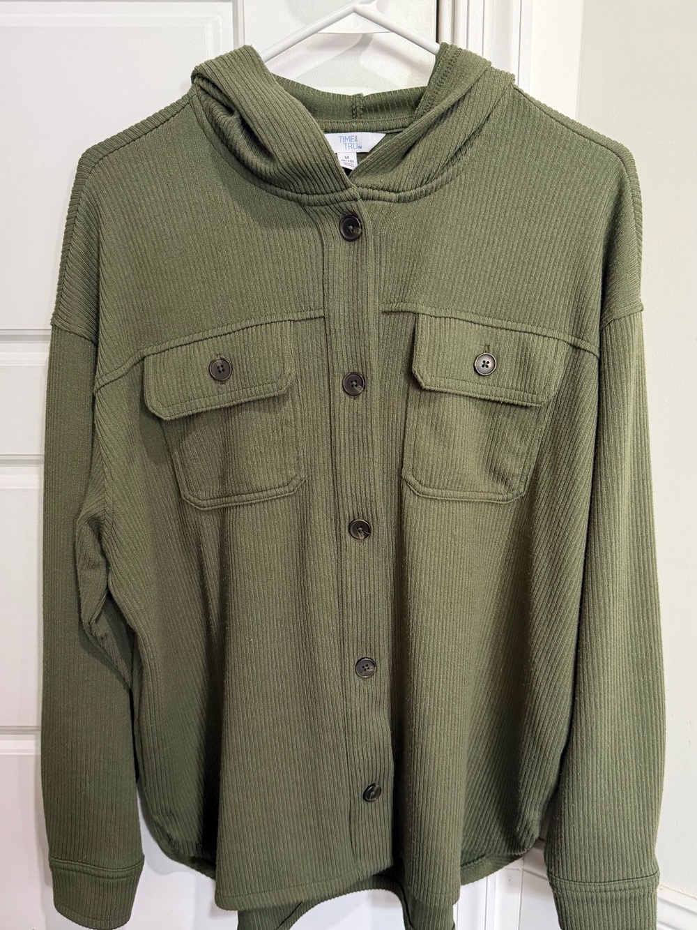 Time and Tru Women’s Ribbed Hooded Shirt Jacket - Olive Green - M